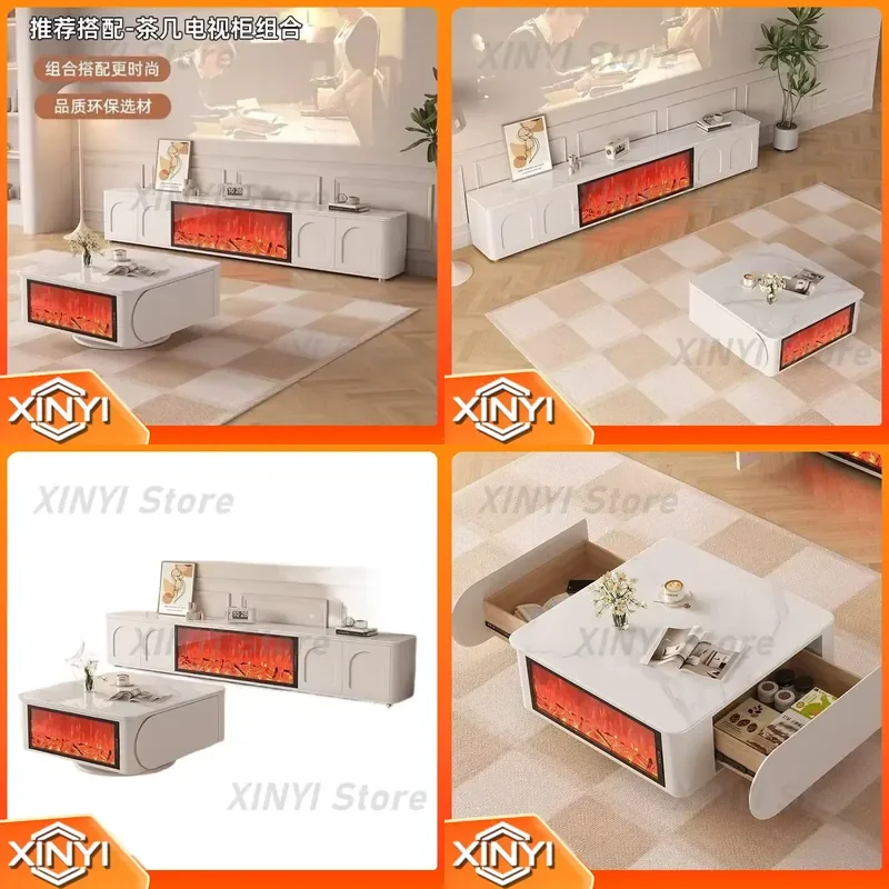 Modern Cream TV Cabinet with Simulation Fireplace for Living Room Furniture Set for TV Stand Coffee Table Media Console for
