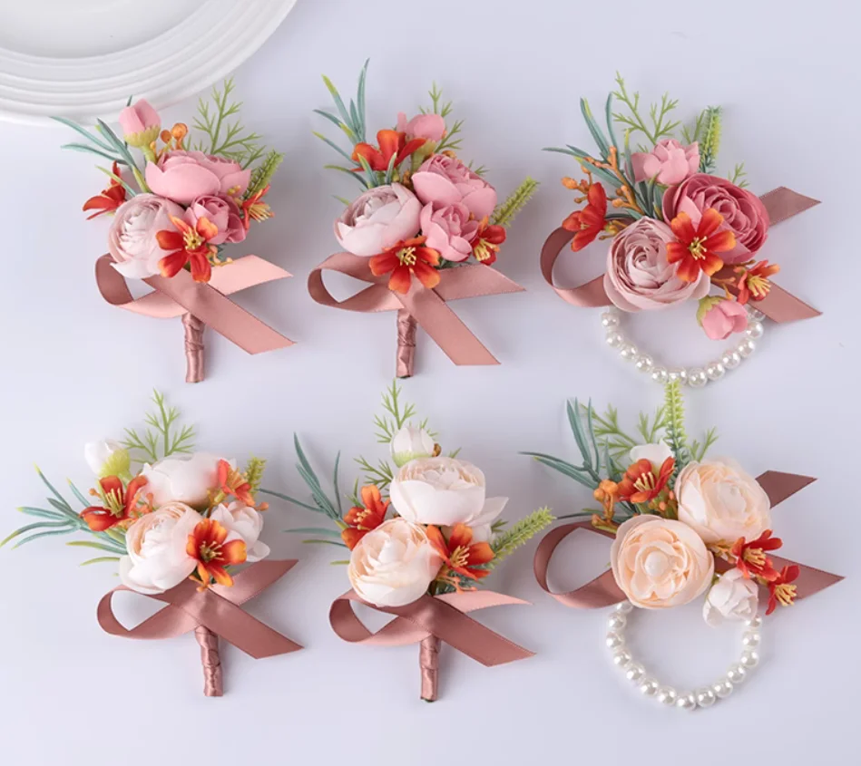 

Lotus brooch wrist flower Bride and groom wedding lapel wedding business guests artificial flowers with bean paste powder