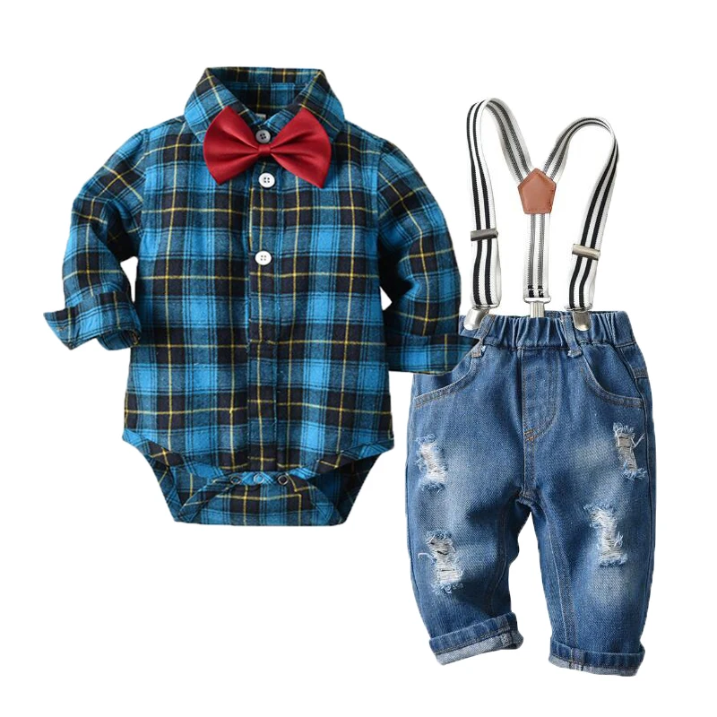 

Toddler Baby Boy Denim Clothes Cotton Plaid Rompers Gentleman Bib Jeans Clothing Suit Outfit 6 12 18 24M