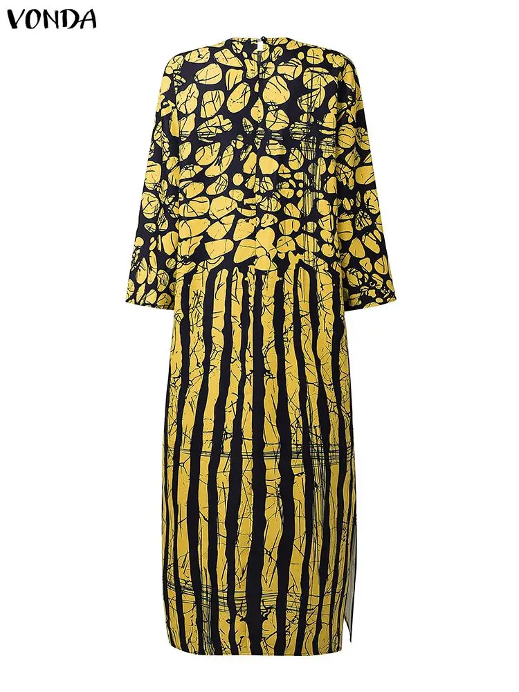 VONDA-vestido de talla grande 5XL para mujer, vestido veraniego de fiesta con estampado Vintage, bata bohemia de manga 3/4, Vestidos largos informales con cuello redondo para vacaciones 2025