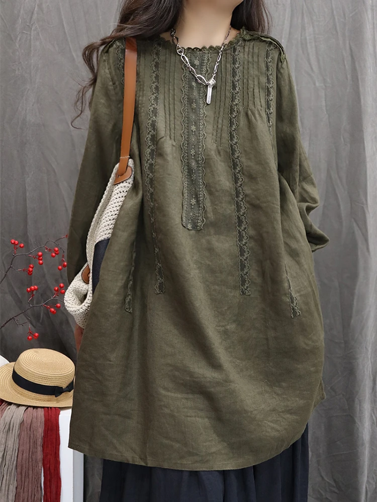 100% Linnen Vrouwen Casual Jurk Nieuwe 2025 Herfst Vintage Stijl O-hals Kant Effen Kleur Losse Vrouwelijke knielange A-lijn Jurk M2144