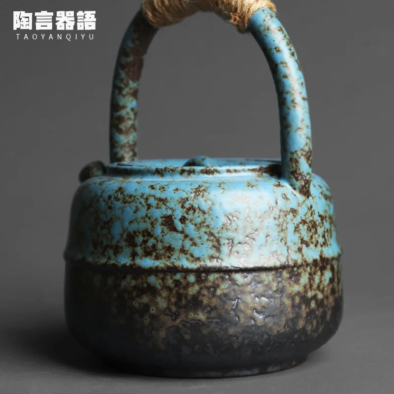 460ml Japanese-style kiln changed retro stoneware large-sized handle teapot handmade pottery kung fu wide-mouth warm tea kettle