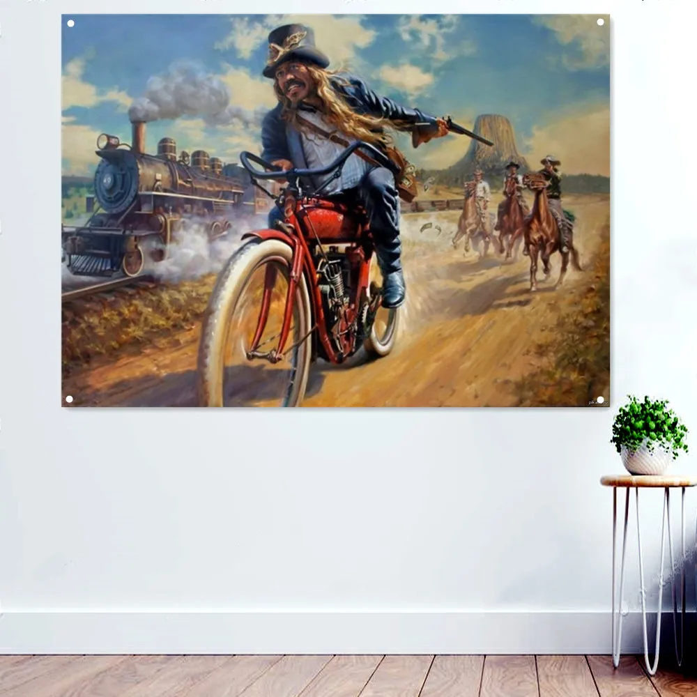 

Motorcycle Rider vs Cowboy Shootout Wall Art Posters and Prints Banner Flag Man Cave Garage Repair Shop Wall Decoration Painting