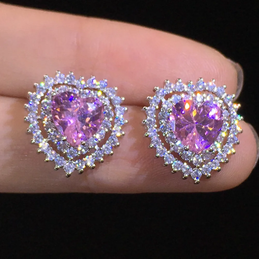 Sweet Luxury Silver Tone Double Heart Two Color Pink Blue Rainbow 5A Zircon Stud Earrings for Women Valentine Jewelry Colorfast