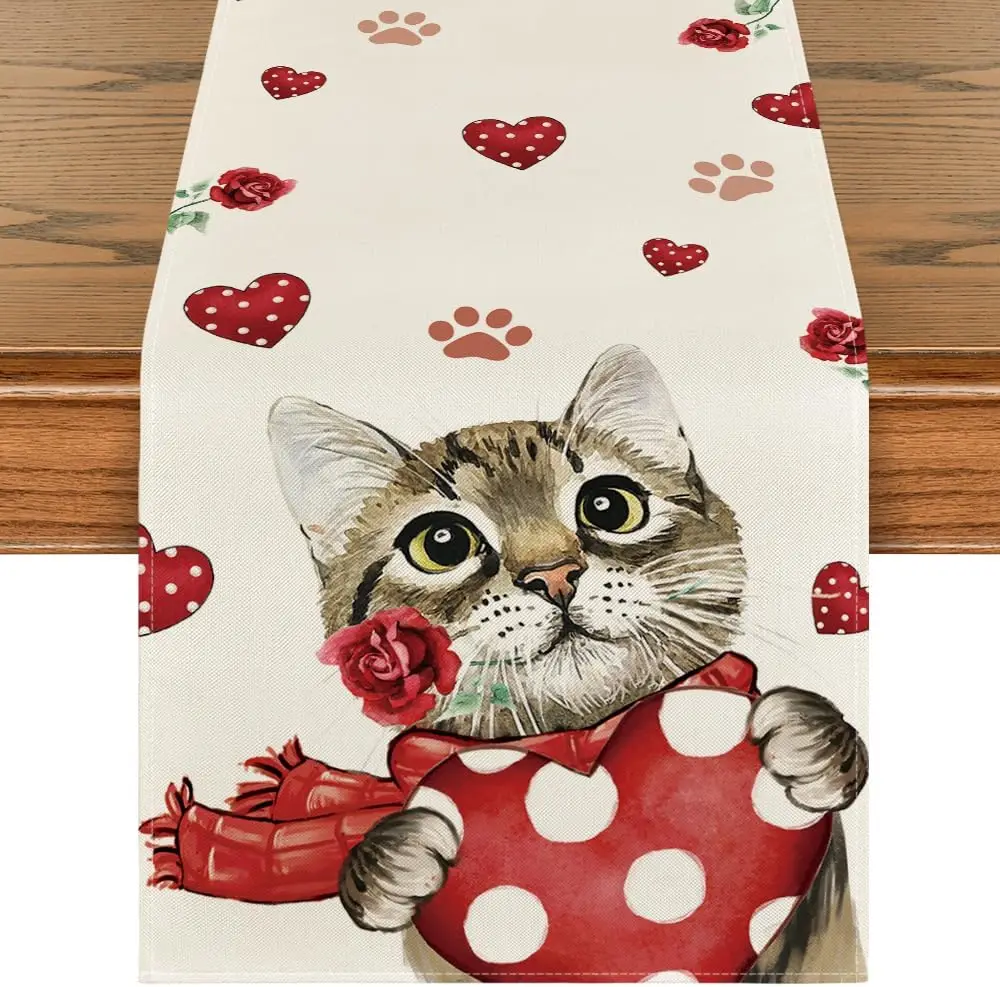 Cat Scarf Love Rose Linen Table Runner Seasonal Washable Kitchen Dining Table Decor Home Party Anniversary Wedding Banquet Decor