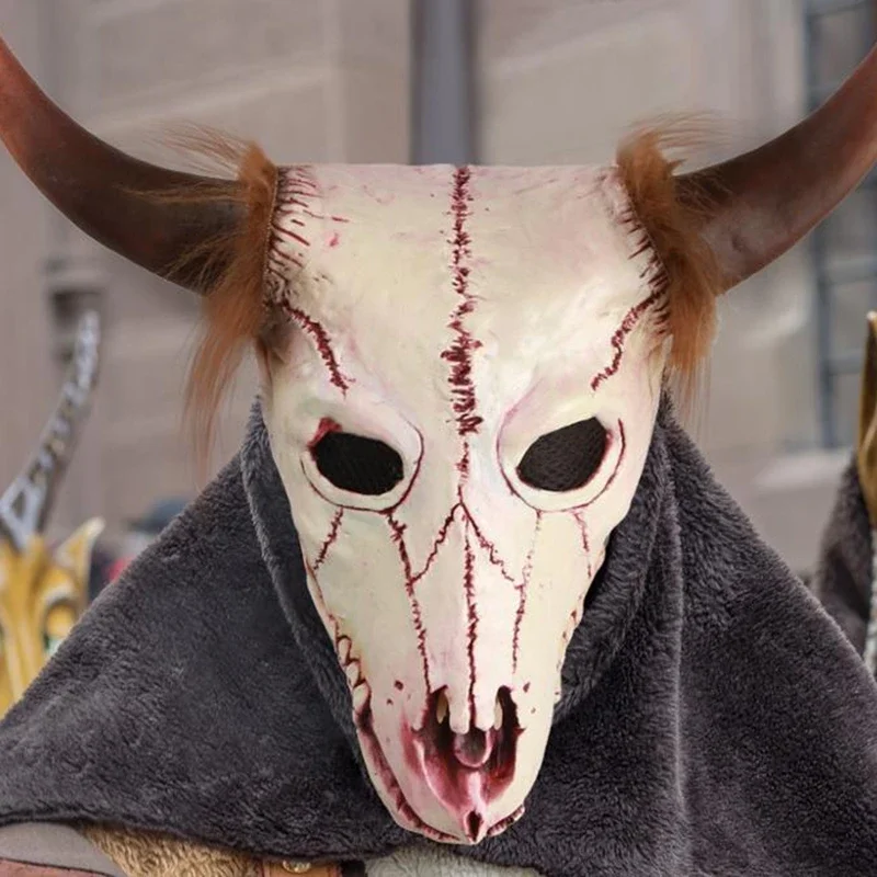 Goat Head Skull Mask with Horns Cave Demon Skeleton Blood Goat Sucker Cannibal Mask Latex Adult Halloween Costume