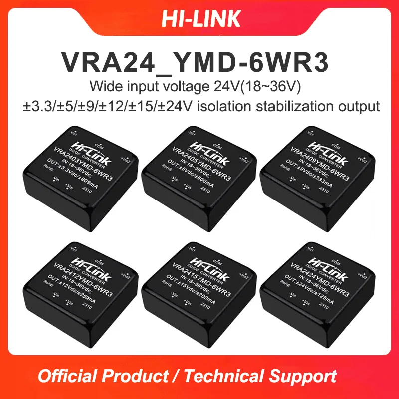 18 To 36V Nominal 24V Input 6W DIP Packaged Transfer Pod VRA2405YMD VRA2412YMD VRA2424YMD Standard Pin Inline Mount Component
