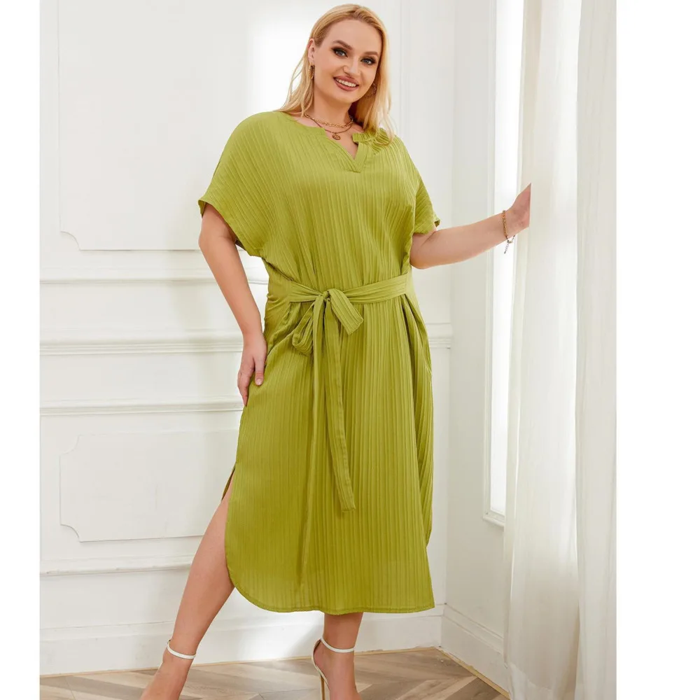 Plus Size Women's Solid Color Loose Fitting Sleeveless Thread Loose Long Dress Green Lace Up Ladies Casual Female Clothes New