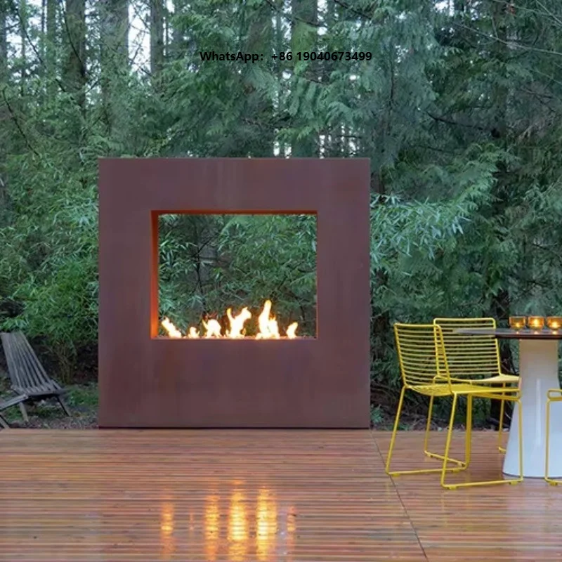 Customised Custom Sized Factory Price Attractive Outdoor Smokeless Corten Steel Gas Square Gas Fireplace  lzx