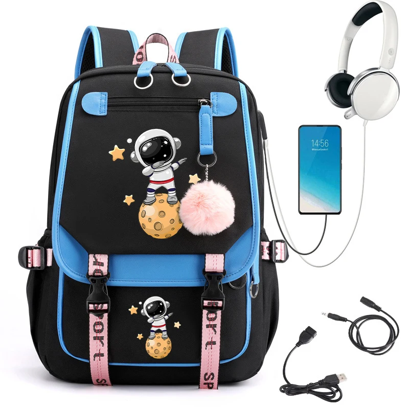 Women Kawaii Schoolbag College Students Bookbag Black Pink School Bags Usb Charging Backpacks Teenager Girls Backpack Mochila