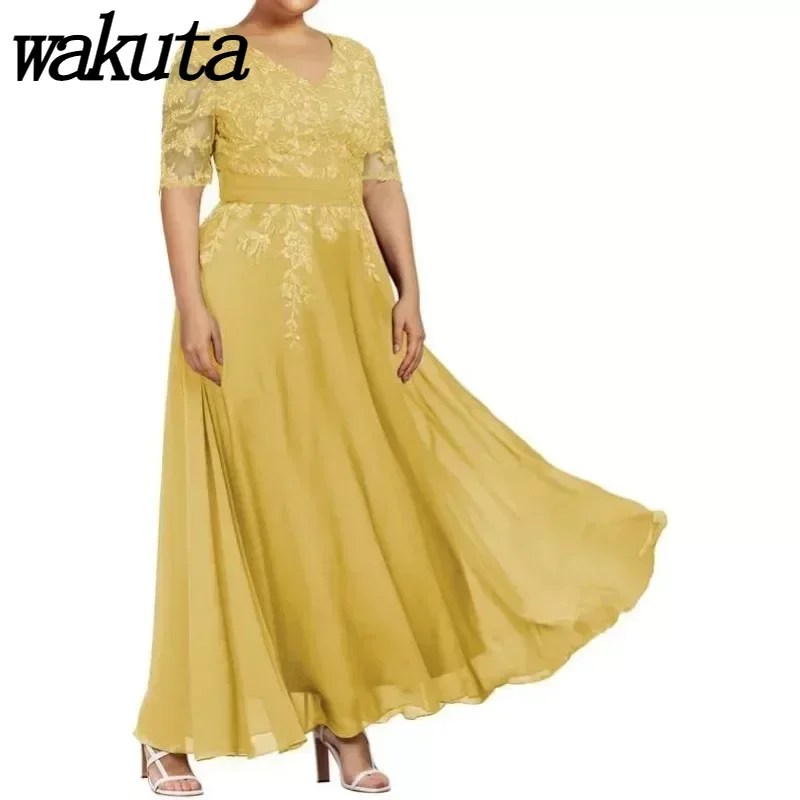 

Wakuta Elegant V-neck Half Sleeve Chiffon Formal Dress Bride Mother Lace Evening Vestido Elegante Mujer فساتين نسائية شحن مجاني