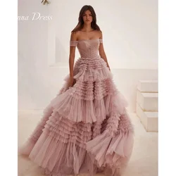 Anna Off the Shoulders Evening Dresses Woman Elegant Dress Woman 2024 Line A Gauze Bespoke Occasion Dresses Pink Layered Wedding