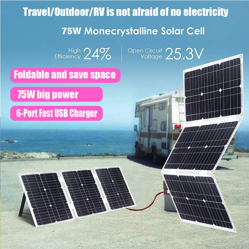 

75W 18V Monocrystalline Solar Panel, 6 USB Ports, Semi-Flexible Solar Battery for Outdoor Power and Solar Energy Solutions