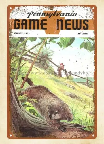 1962 Pennsylvania Game News magazine cover woodchuck hunting metal tin sign