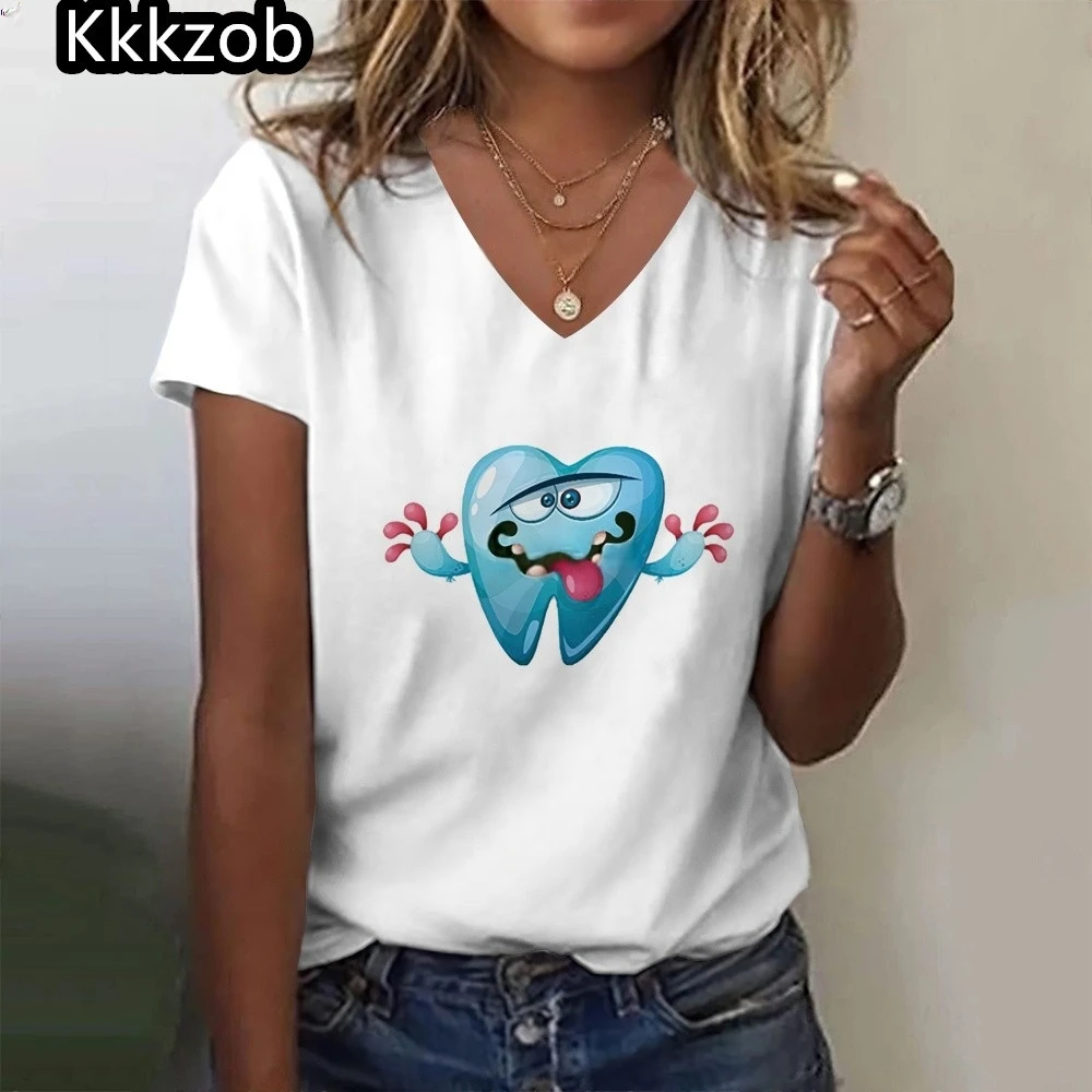 Tooth and Dentist Graphic Aesthetic Women Funny Print Ladies T-Shirt Girl Y2k Harajuku Basis V-Neck White Shirt Short Tops