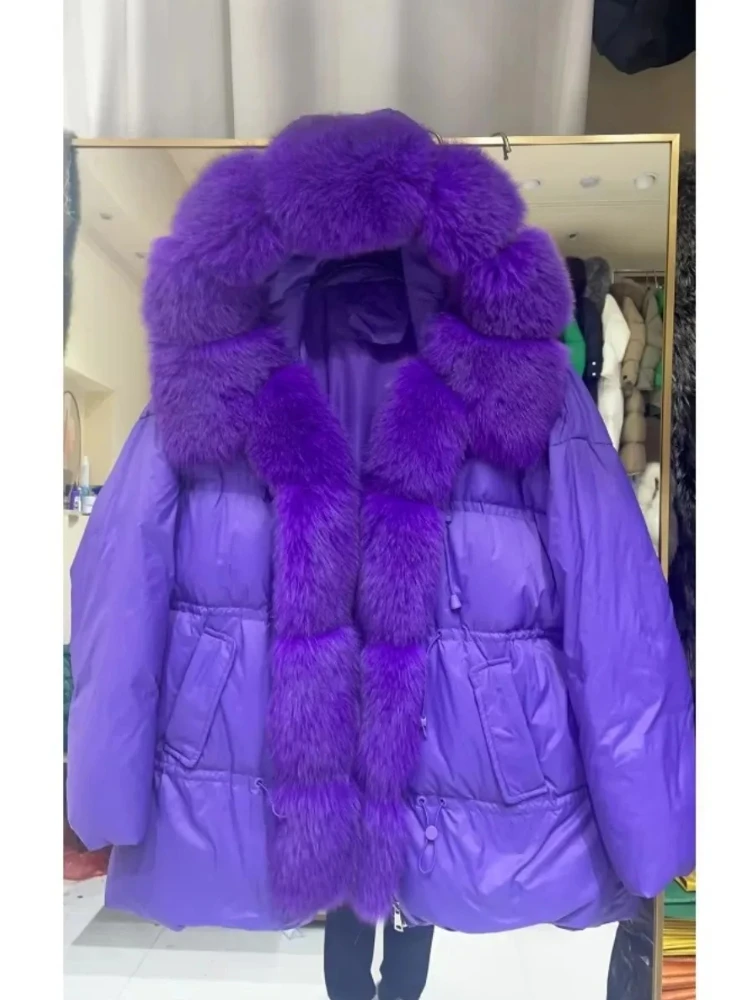 

2025 New Winter Autumn Female White Duck Down Coat Fashion Thick Warm Hooded Natural Fox Fur Coat Women Real Fur Puffer Jacket