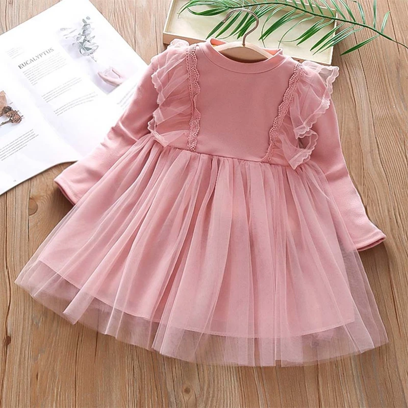 Autumn Kids Girls\' Dresses Cotton Solid Color Long Sleeve Tulle Dress Spring Child Sweet Princess Birthday Skirt Clothes 1-7Y