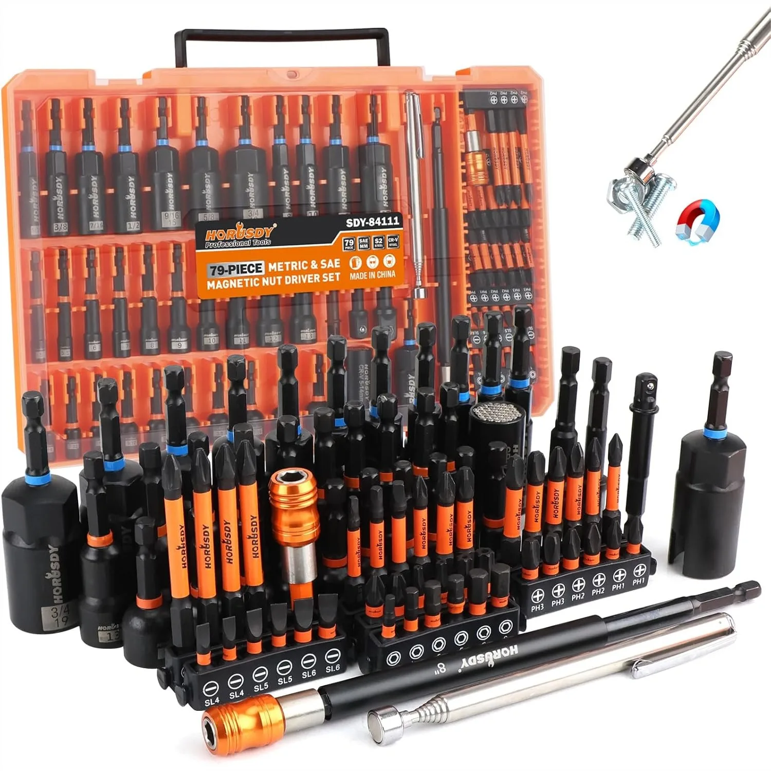 

79-Piece Magnetic Impact Nut Driver Set Metric & SAE With 3LB Magnetic Pickup Tool Socket Adapters Wing Nut Driver Universal Sockets Quick-Change Bit Holder Extensions Power Bits