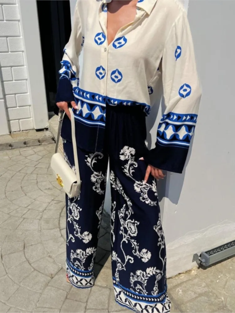 2024 Spring Print Long Pants Sets Women Fashion Casual Loose Long Sleeve Shirts Wide Leg Trousers Two Piece Set Female Clothing