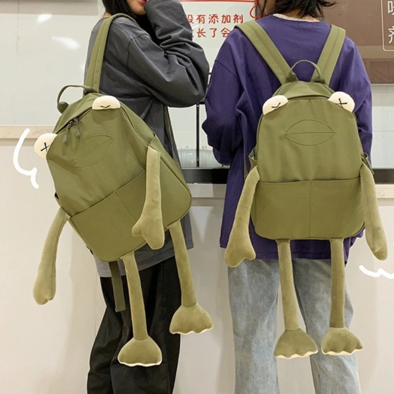 Funny Cartoon Frog Backpack Sewing Thread Soft Square Vertical Large Capacity Adjustable Curved Shoulder Strap Commute Zipper