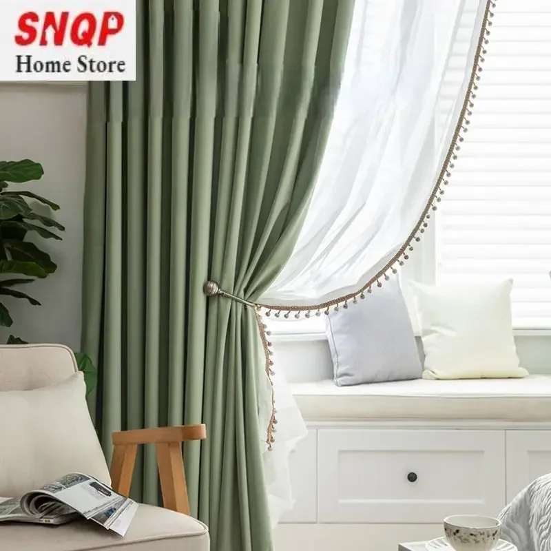 

Nordic Blackout Luxury Curtains for Living Room Bedroom Fresh White Tulle Beads Matcha Green Velvet Modern Elegant Solid Color