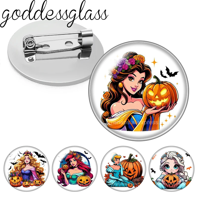 

Halloween Princesses Pumpkin Photo Glass cabochon Brooch pinback button Bag Clothes Denim Jeans Lapel Pin Badge Jewelry