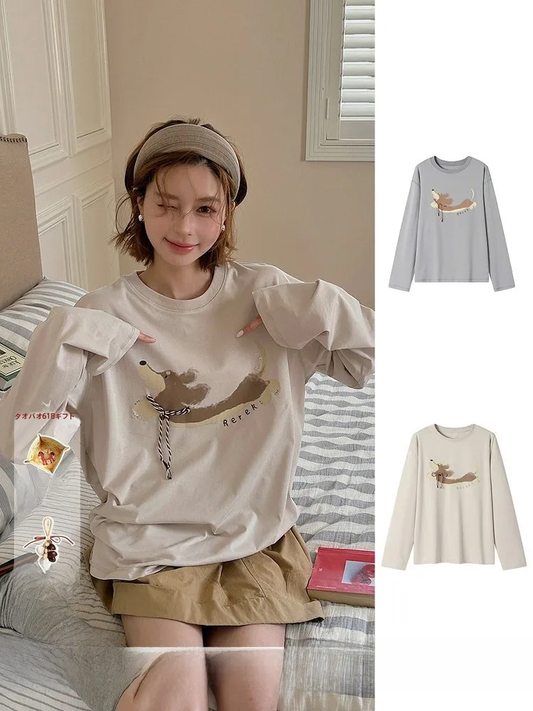 

Brand Long Sleeve T-Shirt Elastic Sausage Dog Print Cotton Casual Summer Top for Women Commute Style round Neck