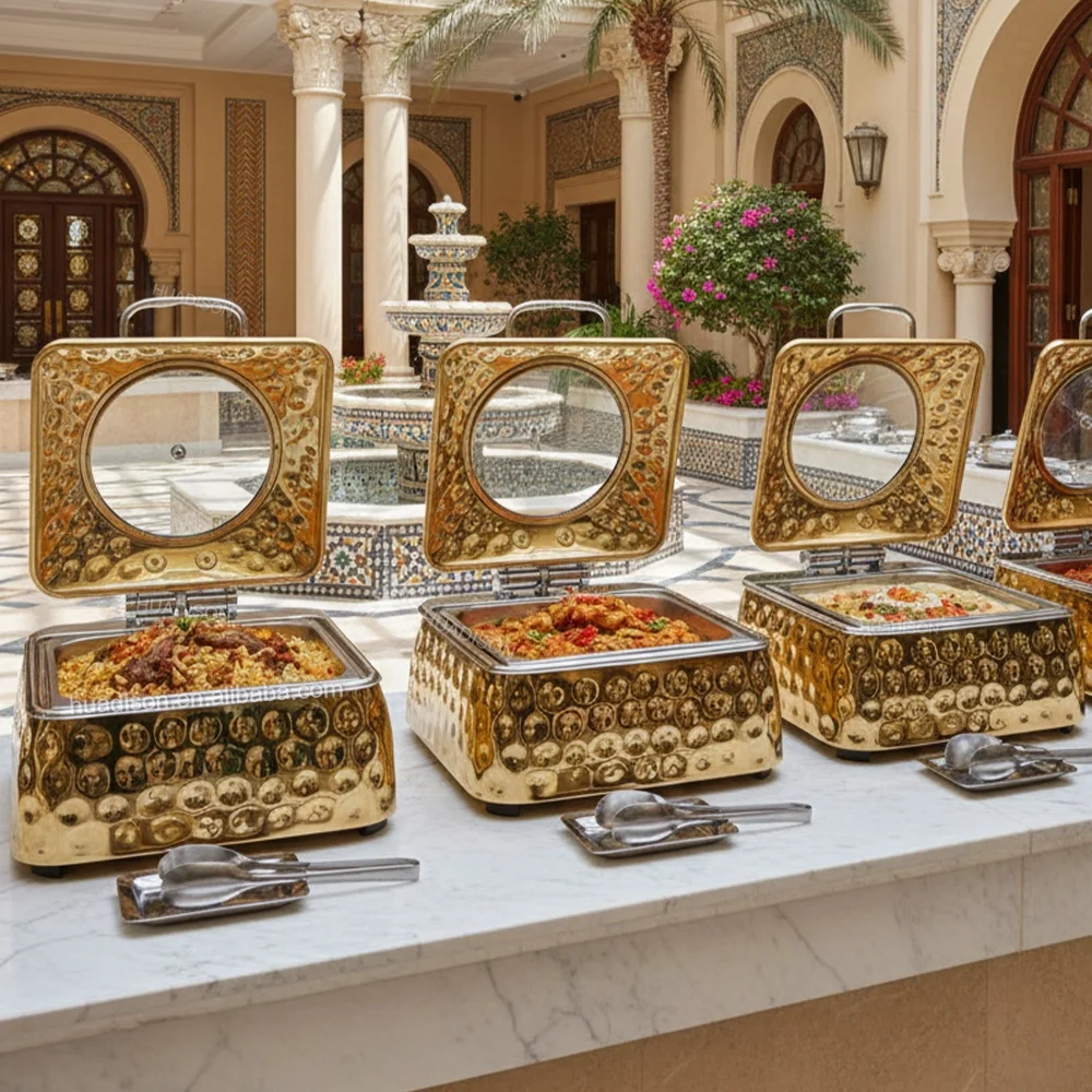 Huadison Hotel Wedding Luxury Golden Chafing Dish Square Hammered Chaffing Dishes For Sale