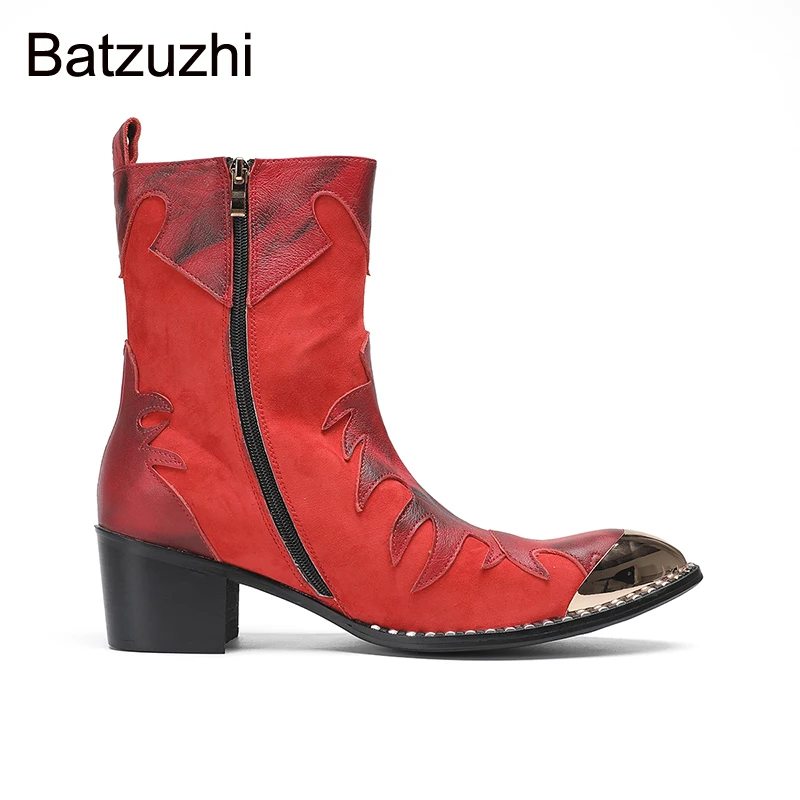 Batzuzhi 6.5cm High Heels Men's Shoes Boots Mid-calf Red Leather Ankle Boots Man Metal Toes Zip Cowboy, Motorcycle Boots for Man