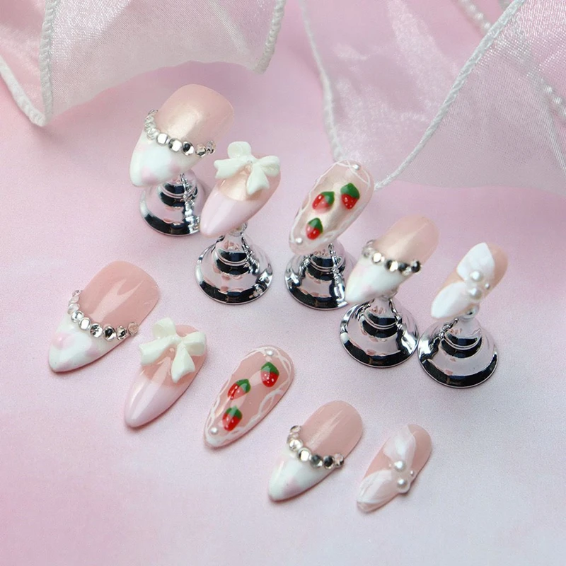 10Pcs Cute Handmade Press on Nails Full Cover French Bowtie Design Almond False Nails Strawberry Manicure Wearable Nail Tips Art