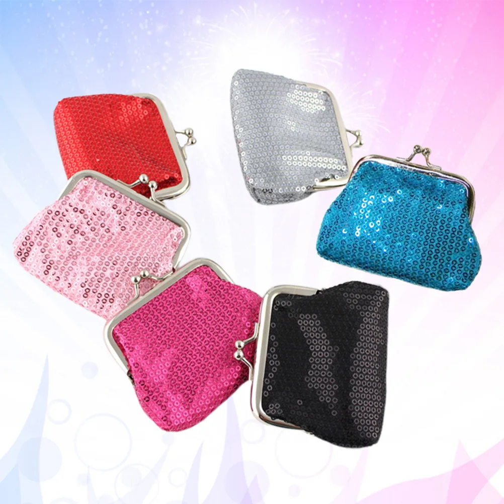 

6pcs Ladies Purse Plastic Buckle Wallet Sequin Small Wallet Small Change Bag Portable For Travel School Daily Use