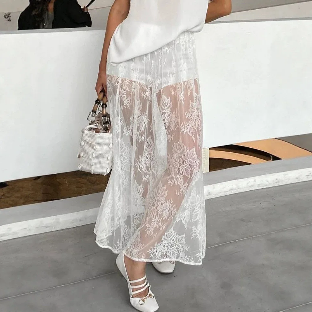 

Women Black Lace Overlay Maxi Skirt High Waist Semi Sheer Flowy Layered Skirt for Casual and Goth Style
