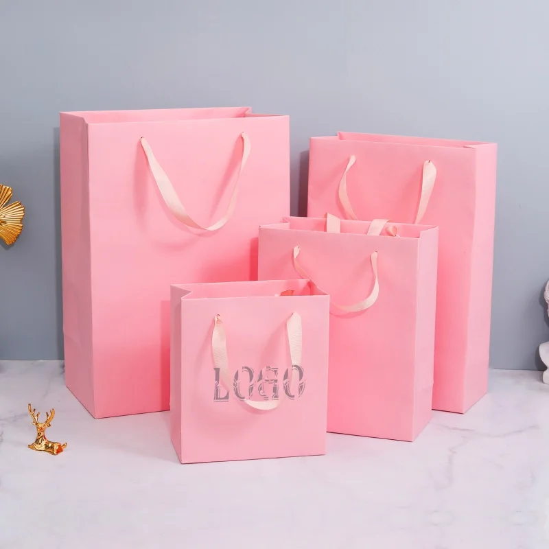 

Customized product、Customised Cloth Boutique Cardboard Packaging Matte Cheap Pink Paper Bag with Your Own Logo For Sm