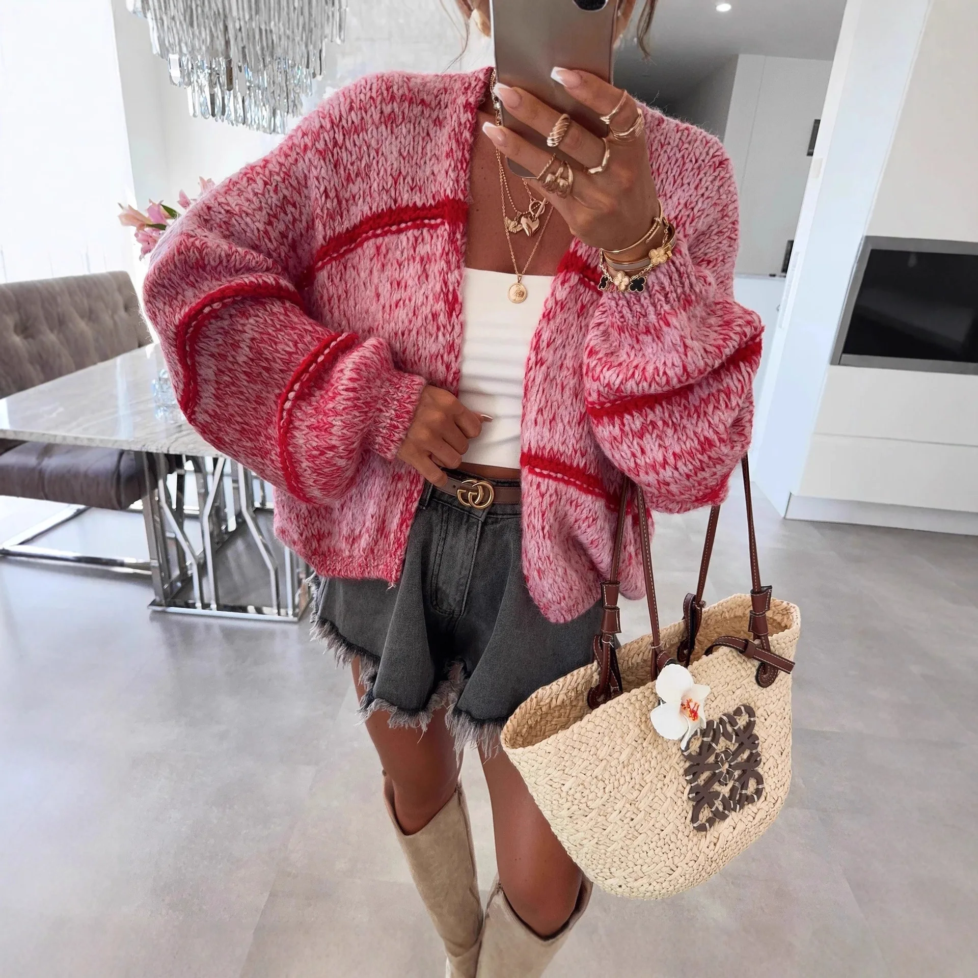 

Женский кардиган, свитер-фонарь с длинным рукавом, однотонный вязаный кардиган большого размера, легкий свитер с открытой передней частью, верхняя одежда