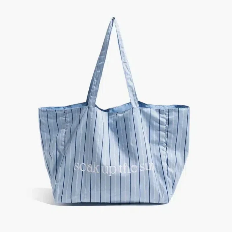 2024 Fashion Stripe Handbag Letter Printing Cotton Single Shoulder Bag Casual Extra Large Capacity Handheld Shopping Bag