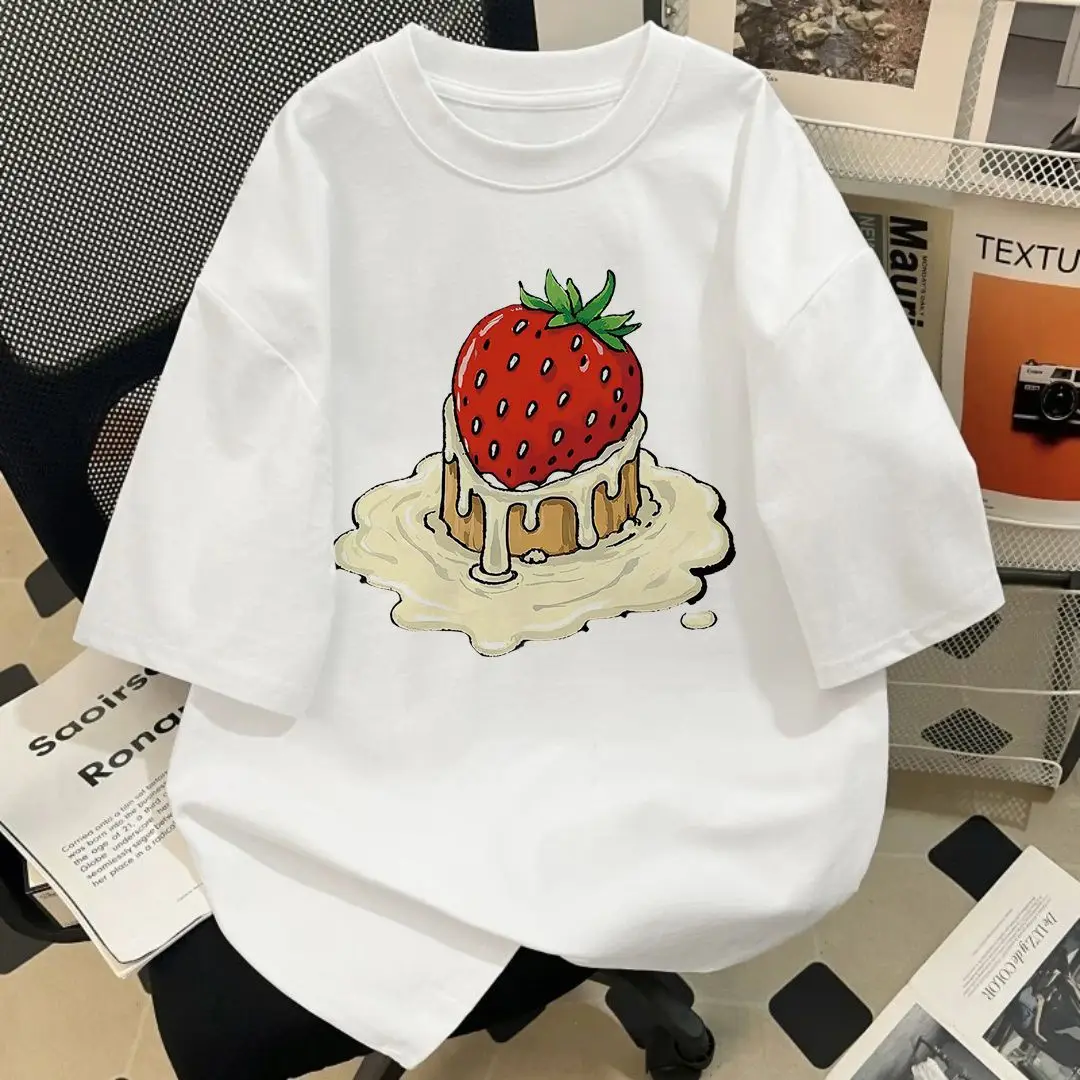 

Летние свободные мужские и женские рубашки с короткими рукавами и принтом клубничного торта в американском стиле ретро, мужские рубашки, женские футболки