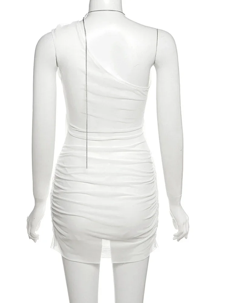 BWQ Women's Halter V Neck Cut Out Metal Chains Short Dress Sexy Hollow Out Mesh Ruched Night Out Party Dresses Clubwear 2025