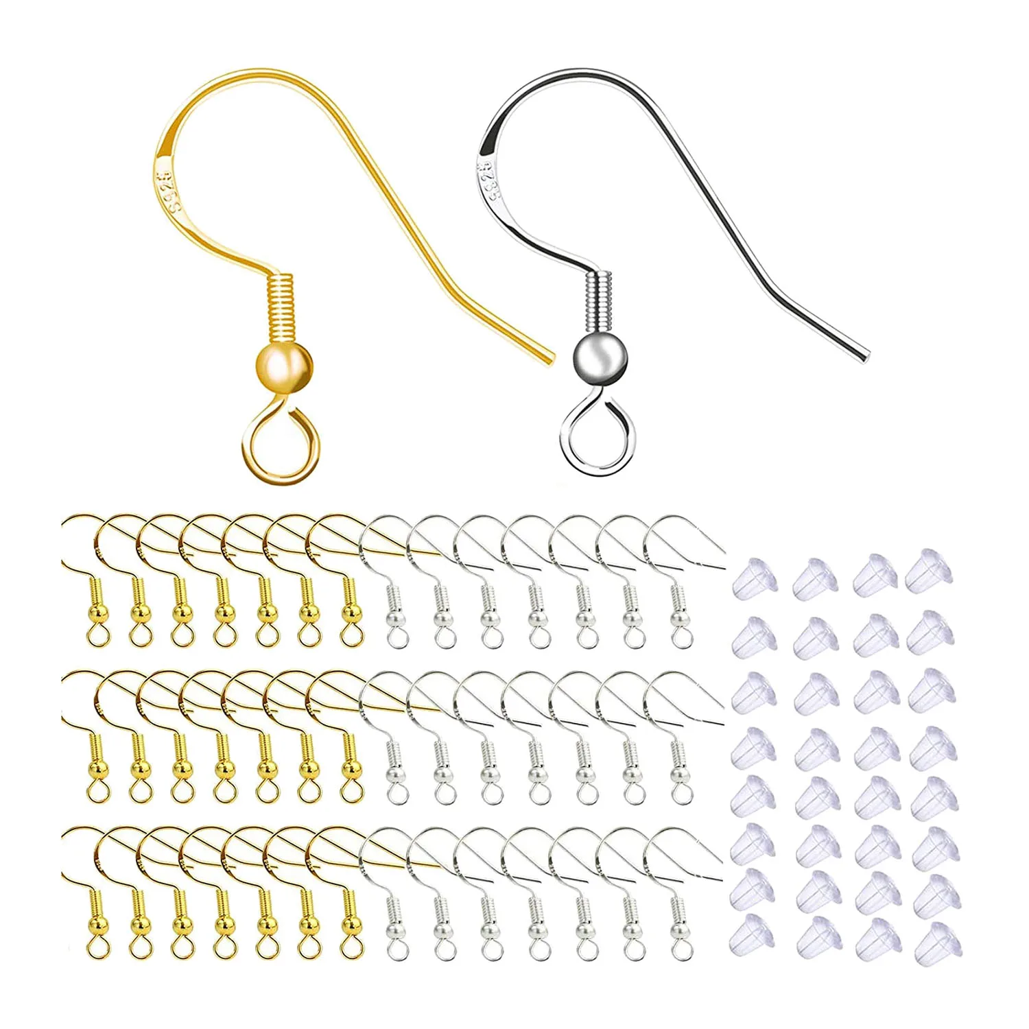 50Pcs Gold Ear Hook,50Pcs Silver-Color Ear Hook,100Pcs Earplugs 925 Steel Stamp DIY Handmade Earring Material