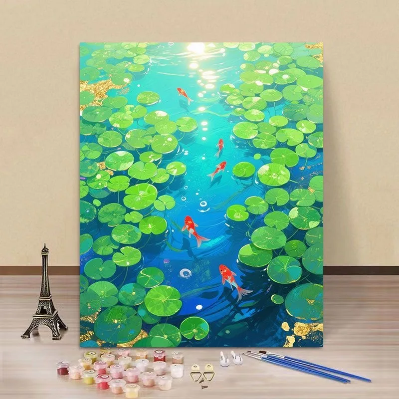 

E-0023 Japanese Koi Fish River Oil Painting, Asian Style Landscape Art, Modern Home Decoration Gift