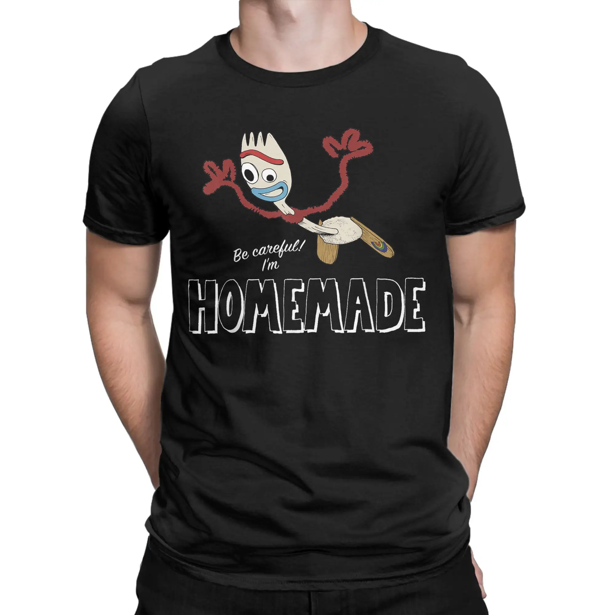 Toy Story Forky Be Careful I'm Homemade Men's T Shirts Cartoon Vintage Tees Short Sleeve Round Collar T-Shirts Cotton Print Tops