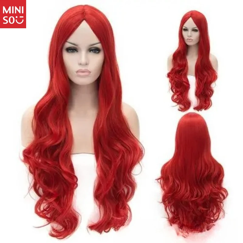 Miniso nieuwe rode lang krullende synthetische pruik voor dames, natuurlijk uitstraling golvend haar voor cosplay en dagelijks gebruik