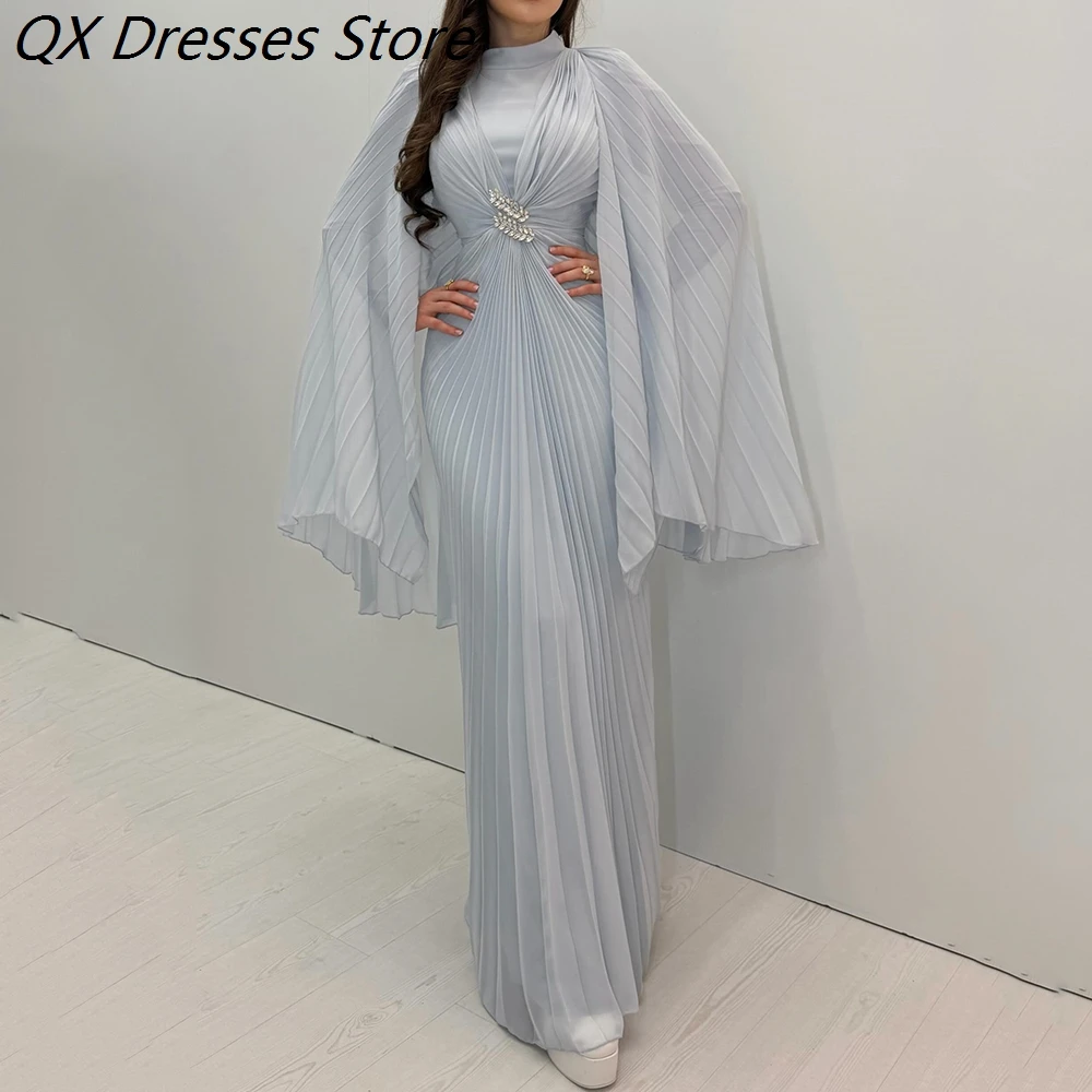 Women's A-line Evening Dresses Floor-length High-neck Full Sleeve Prom Dresses Fashion Crystal Stole Draped Customized Gowns