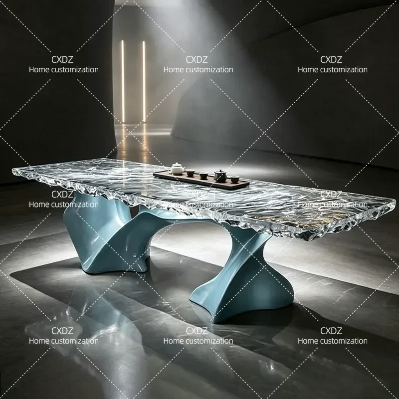 Transparent Resin Tea Table Water Ripple Design Large Board Desk for Villa Dining Room Office Light Luxury Art Coffee Table