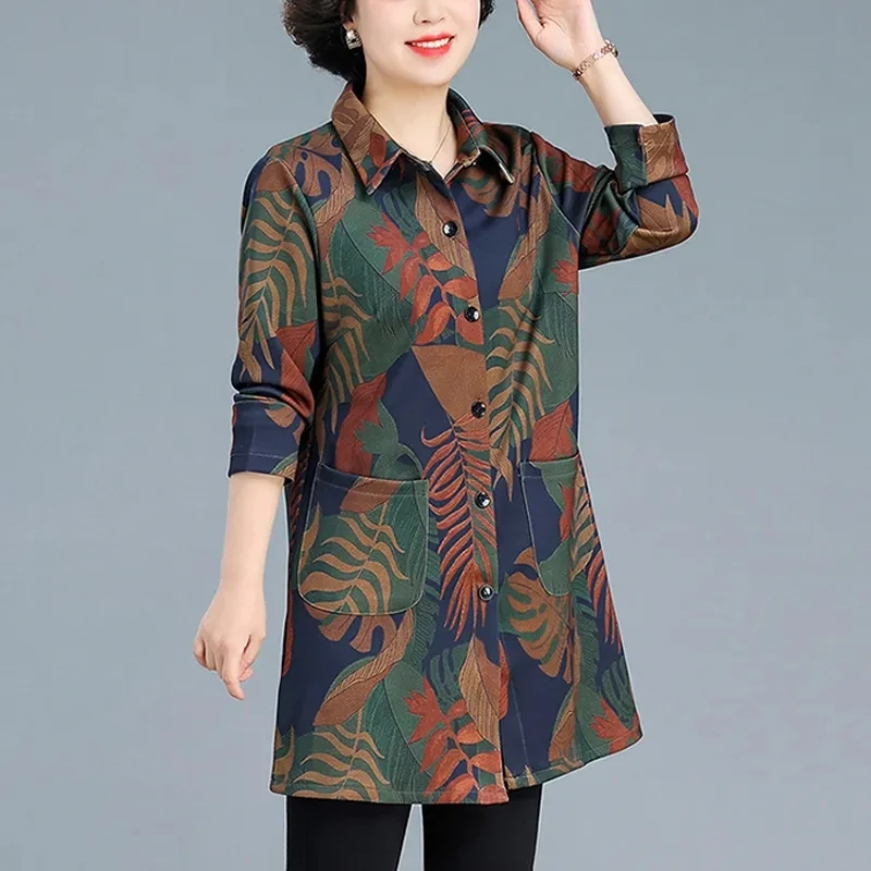 2025 primavera outono novo blusão feminino moda casaco impressão jaqueta de meia-idade idosa feminino meio blusão longo casaco