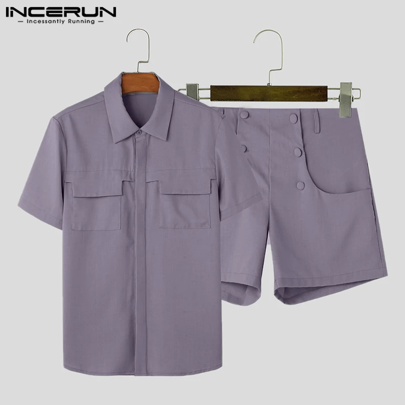 INCERUN Men Sets Solid Color Lapel Short Sleeve Shirt & High Waist Shorts 2PCS Summer Streetwear 2024 Fashion Men\'s Casual Suits