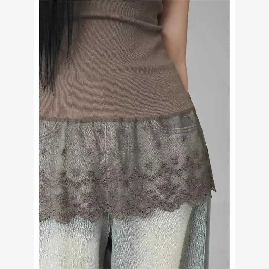 Printemps automne Y2K brodé dentelle garniture Blouse femmes coupe ajustée débardeur superposition Faion ensemble étudiant travail orm