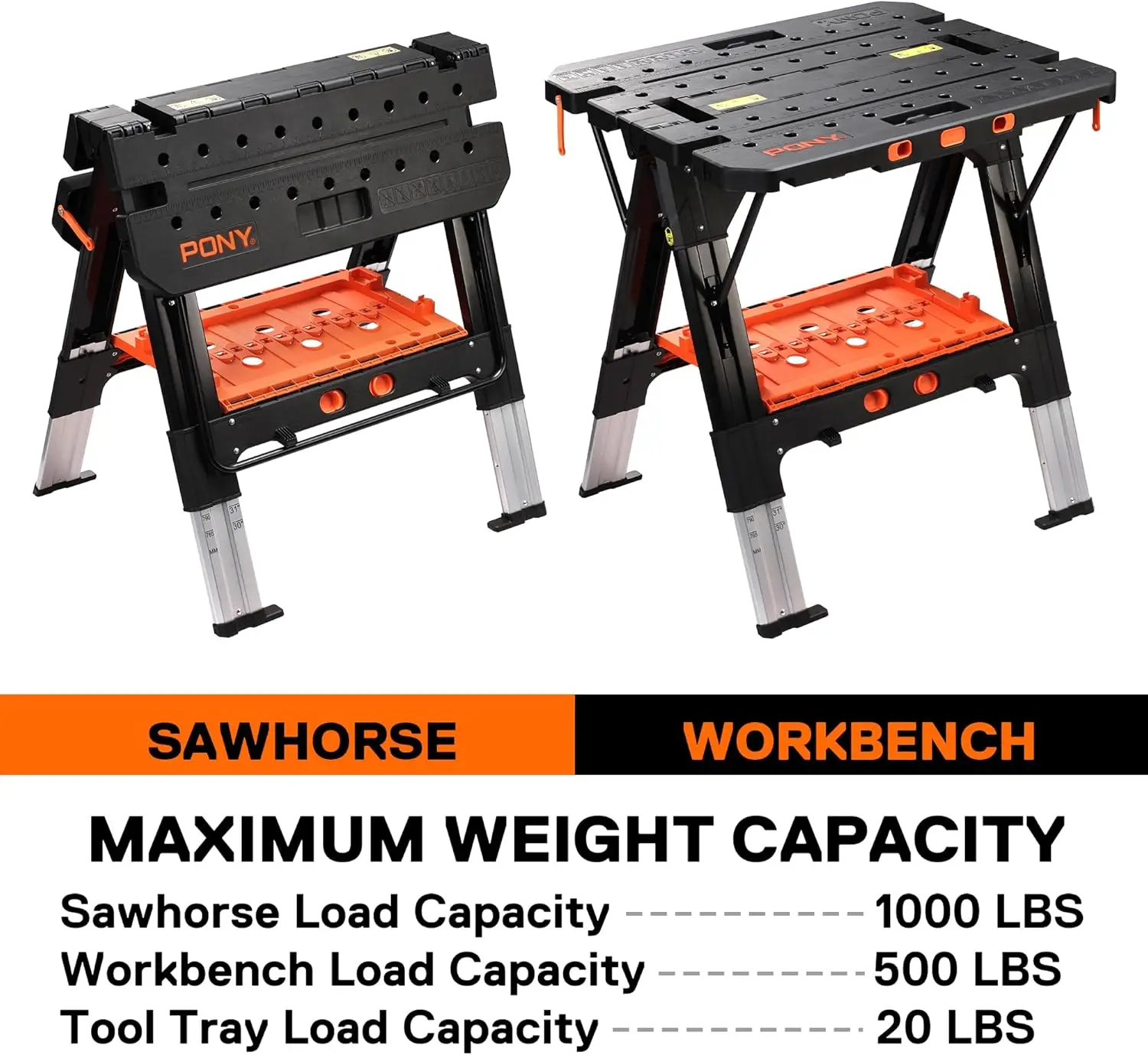 Portable Folding Work Table 2-in-1 as Sawhorse & Workbench Large Load Capacity with 4pcs Clamps 4pcs Bench Dogs