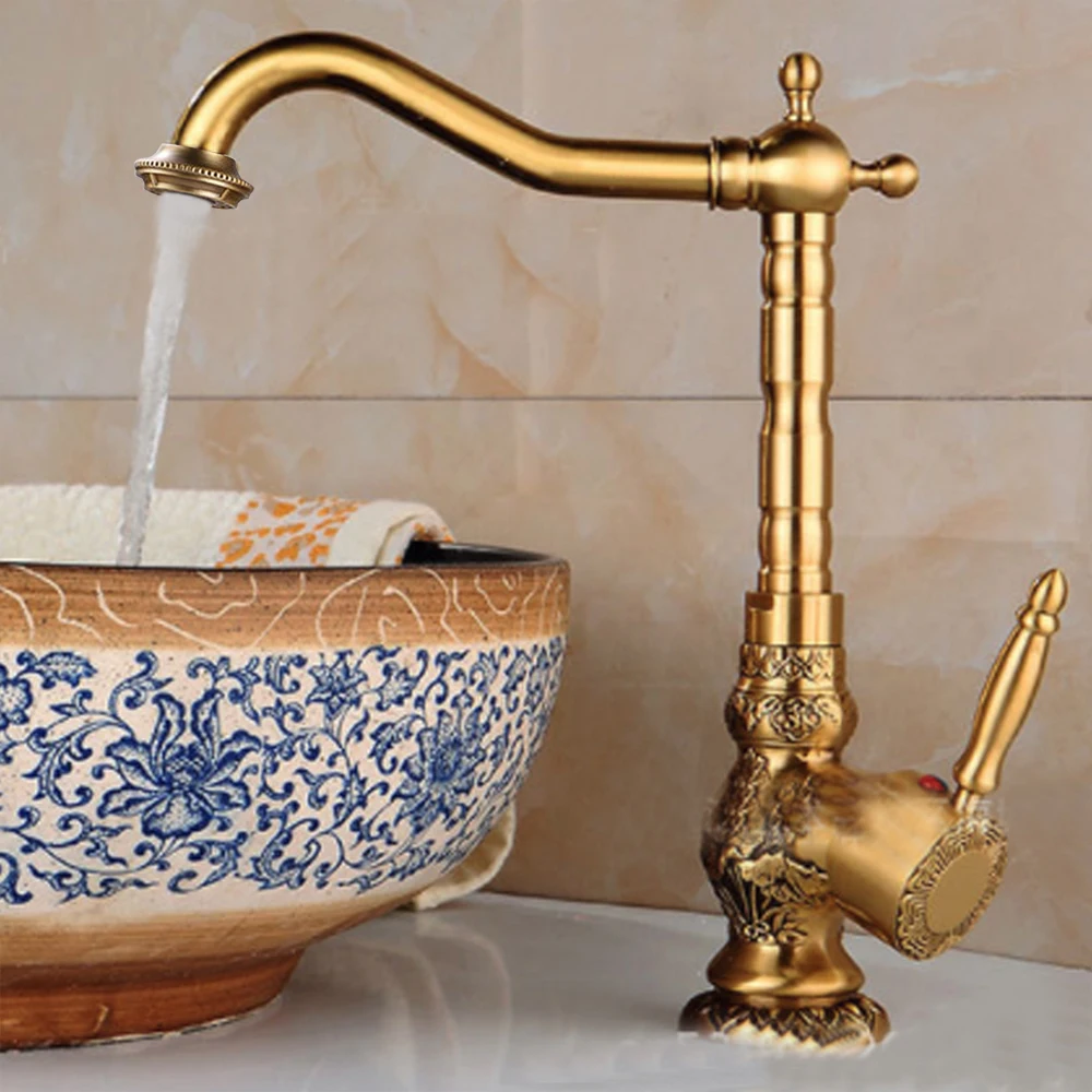 Antique Brass Carved Basin Faucet Bathroom Long Spout Wash Sink Tap Retro Rotatable Single Handle Hot And Cold Water Mixer Tap