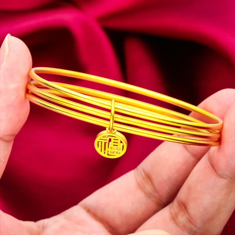 

24K Gold "Fortune" Matte Thin Women's Bracelet, AU999 Pure - Three-Life Design, Fortune Texture + Matte Refraction