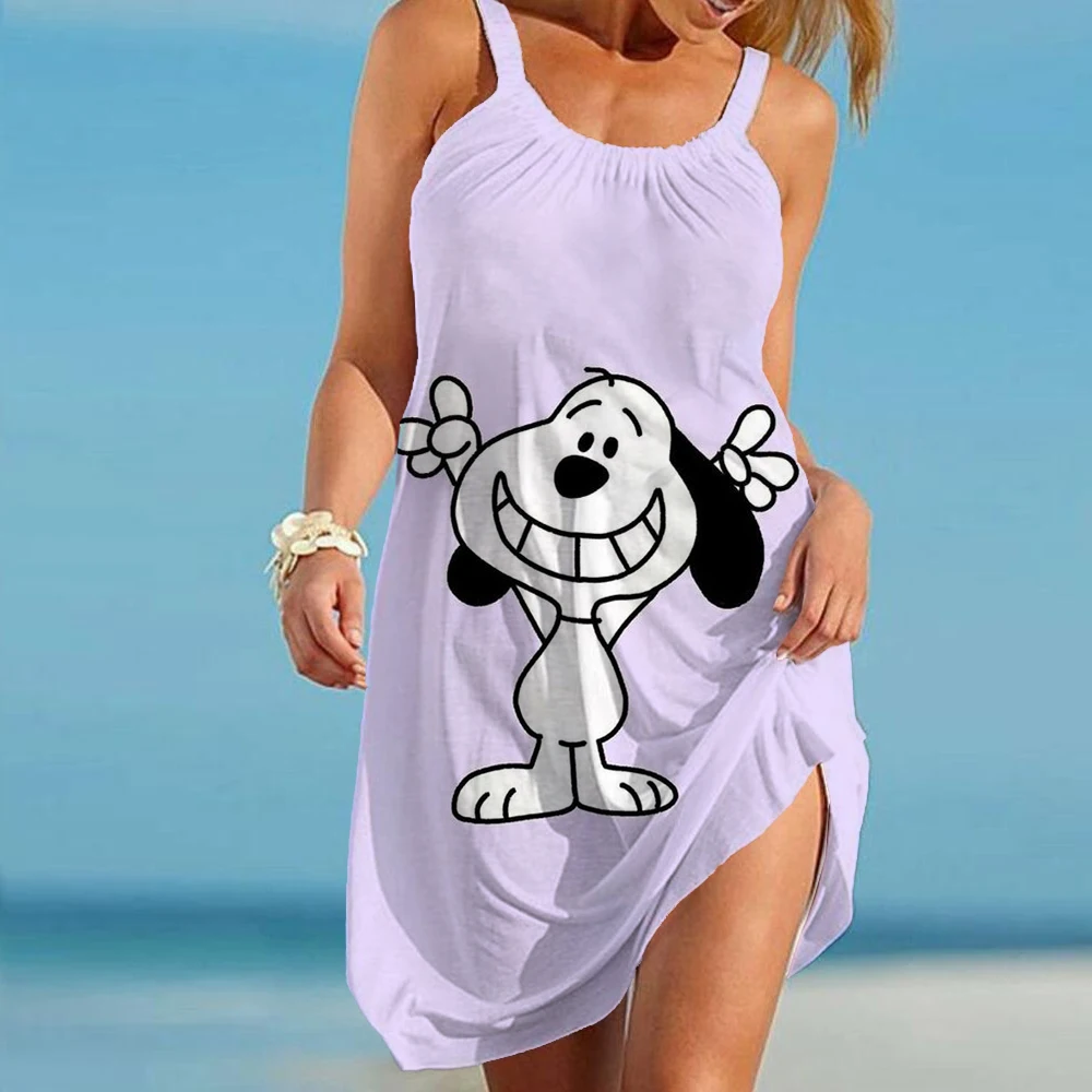 Vestido de playa con estampado de Snoopy para mujer, ropa informal Sexy, sin mangas, juvenil, para fiesta y Noche